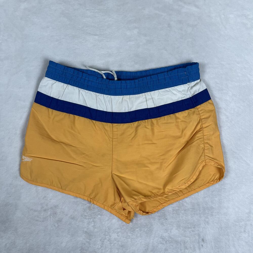 VTG Speedo Swim Trunks Mens Medium Blue Yellow Colorblock USA Retro 80s